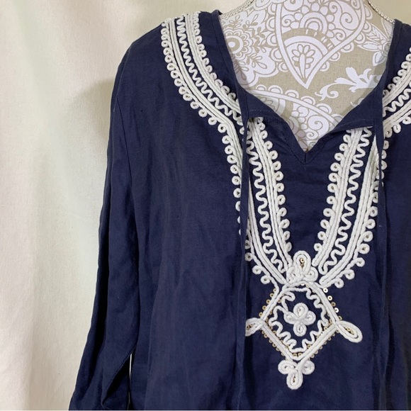 Symple // dark blue linen tunic with white embroidered design size large - Picture 2 of 8